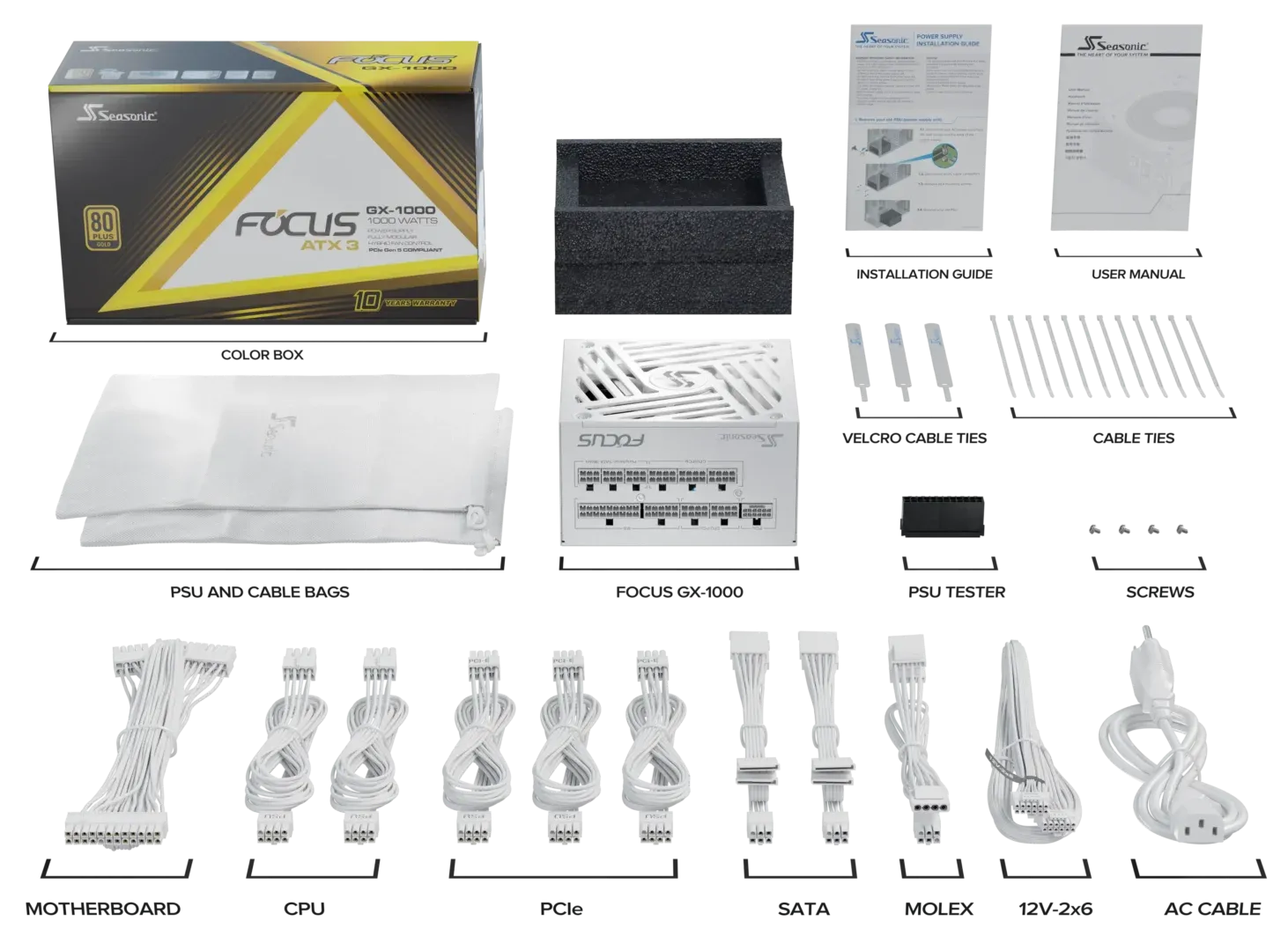 Seasonic 海韻  Seasonic Focus GX-1000 V4 ATX 3.1 (2024) 金牌全模組白色火牛 80+ Gold 10年保 PCIe5.1 原生12V-2x6 全白扁線 (SS-1000FX3-WH)