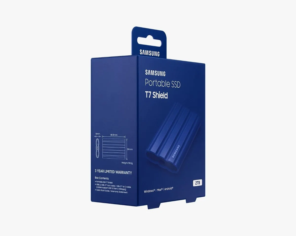 Samsung 三星 T7 Shield 2TB USB3.2 行動固態硬碟SSD (藍色)(MU-PE2T0R)