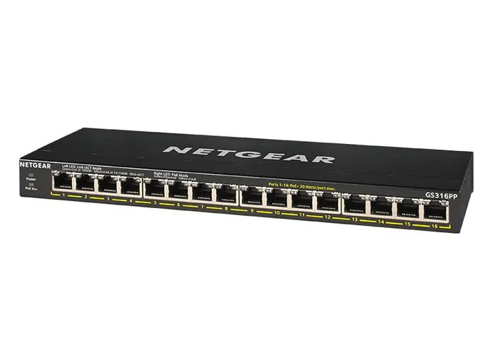 Netgear GS316PP 16-Port Gigabit Ethernet Unmanaged PoE+ Essentials Switch (183W)(GS316PP)
