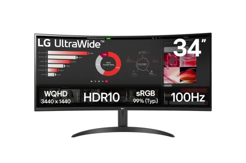 LG 樂金 34" UltraWide 34WR50QK-B 曲面商務顯示器 ( VA/ 3440x1440/ 100Hz/ HDMI&DP/ VESA100/ 1800R)